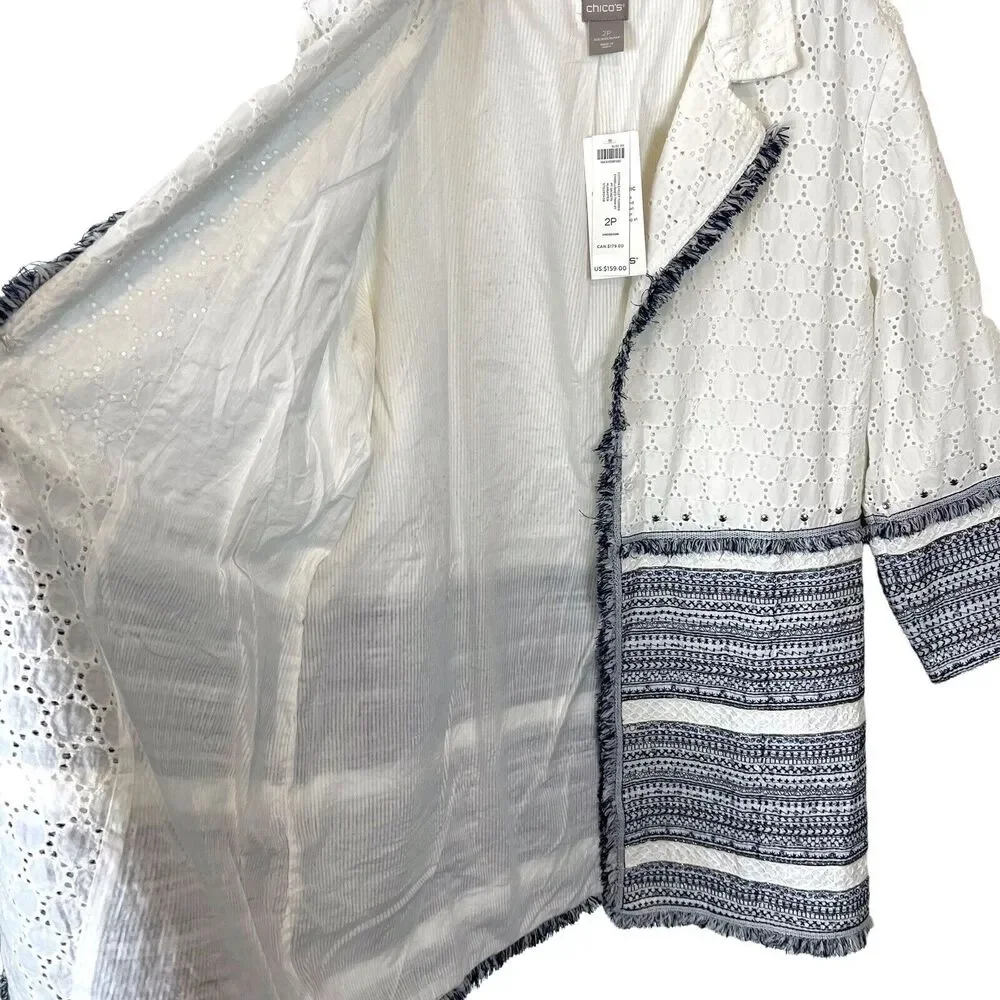 Chico's Eyelet Topper Jacket Embellished Cotton Linen White Blue SZ 12 P NWT